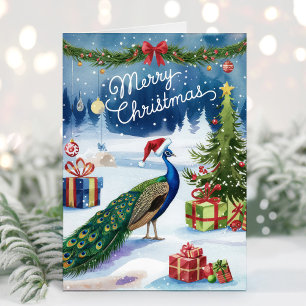 Tarjeta de Navidad de Pavón al Acuarela Feliz Navi