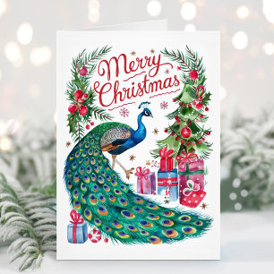 Tarjeta de Navidad de Pavón con Acuarela Feliz Nav