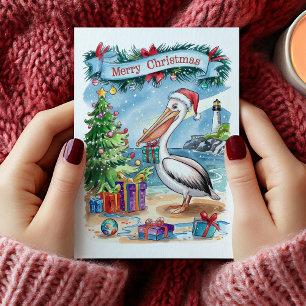 Tarjeta de Navidad de Pelícano en Playa con Acuare