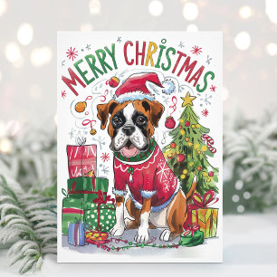 Tarjeta de Navidad de perro boxeador acuarela