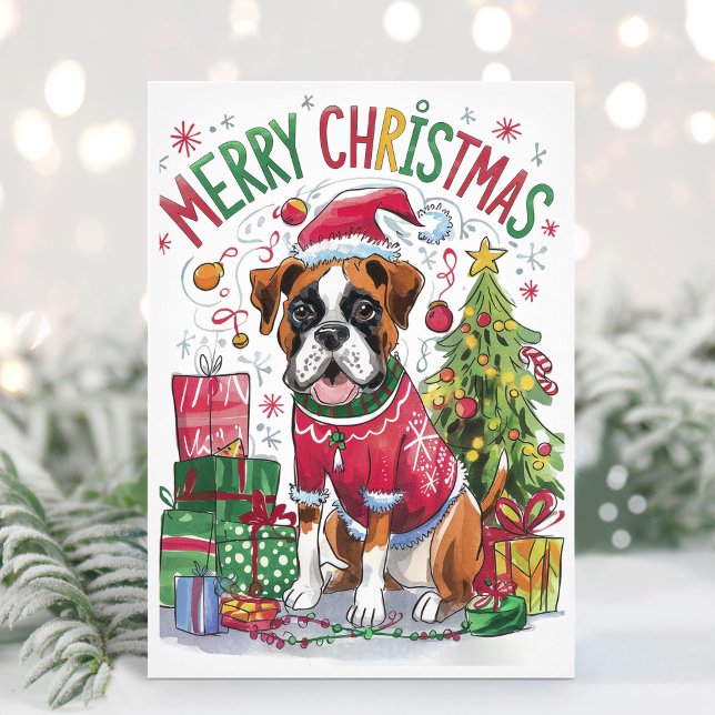 Tarjeta de Navidad de perro boxeador acuarela (Boxer Dog Christmas Card)