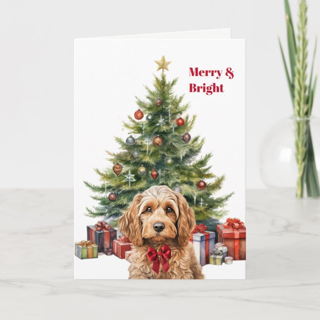 Tarjeta de Navidad de perro Cockapoo con lazo rojo (Anverso)