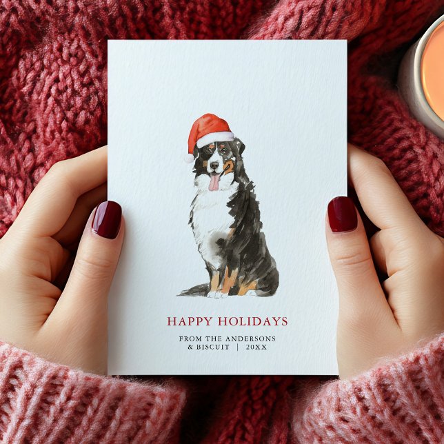 Tarjeta de Navidad de Perro de la Montaña de Berna (Bernese Mountain Dog Santa Hat Christmas Card)