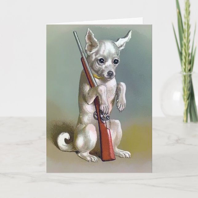 Tarjeta de Navidad de perro vintage con pistola (Anverso)