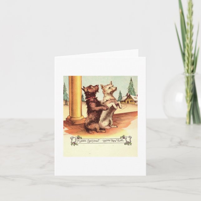 Tarjeta de Navidad de Perros Vintage (Anverso)