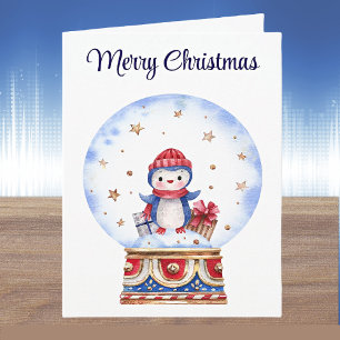 Tarjeta de Navidad de pingüino en bola de nieve pe