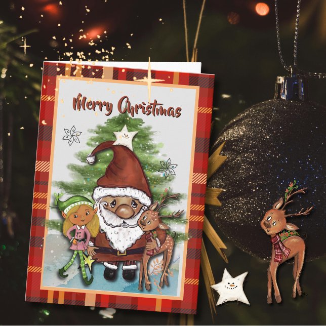 Tarjeta de Navidad de Plaid de Santa, Ciervo y Due (Whimsical Santa, Deer & Elf Plaid Christmas Card )