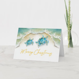 Tarjeta de Navidad de Playa con Acuarela Tortugas 