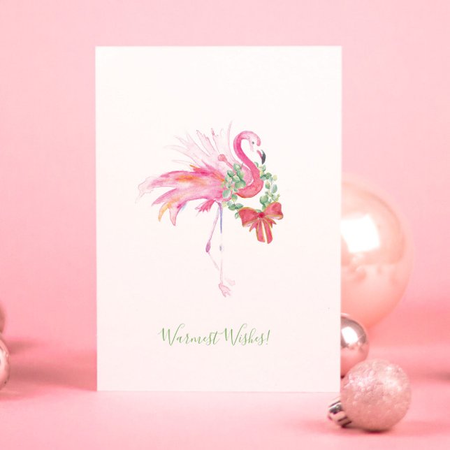 Tarjeta de Navidad de playa con flamenco rosa y co (Christmas cards Florida beach watercolor pink flamingo by artist Victoria Grigaliunas)