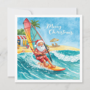 Tarjeta de Navidad de Playa con Santa en Windsurf
