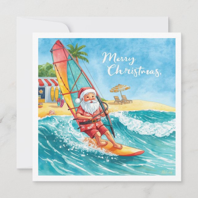 Tarjeta de Navidad de Playa con Santa en Windsurf (Anverso)