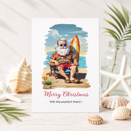 Tarjeta de Navidad de Playa de Papá Noel Surfista