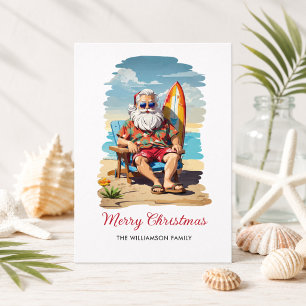 Tarjeta de Navidad de Playa de Papá Noel Surfista