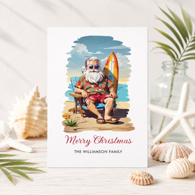 Tarjeta de Navidad de Playa de Papá Noel Surfista (Add Family name to customize )