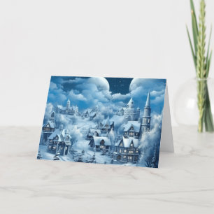 Tarjeta de Navidad de pueblo azul nevado inspirada