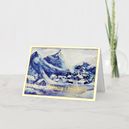 Tarjeta de Navidad de pueblo de montaña nevado con
