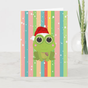 Tarjeta de Navidad de Rana Adorable en Raya Pastel