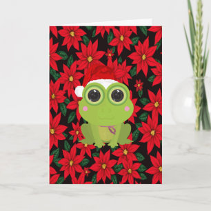 Tarjeta de Navidad de rana linda en Poinsettia