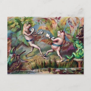 Tarjeta de Navidad de ranas boxeando victorianas