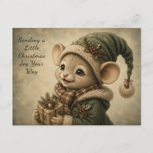 Tarjeta de Navidad de Ratón Adorable con Regalo (Anverso)
