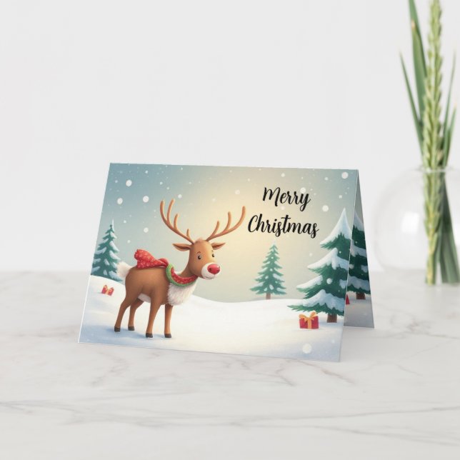 Tarjeta de Navidad de Reno de Acuarela (Anverso)