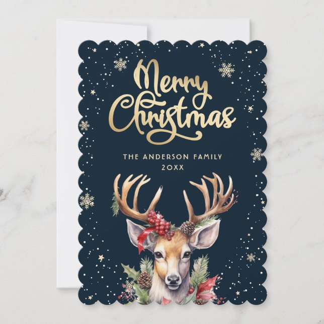 Tarjeta de Navidad de Reno de Acuarela Elegante co (Anverso)