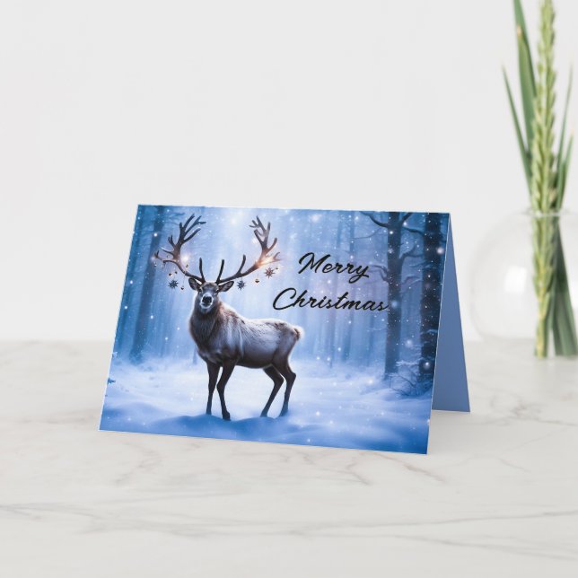 Tarjeta de Navidad de Reno en Bosque Mágico (Anverso)
