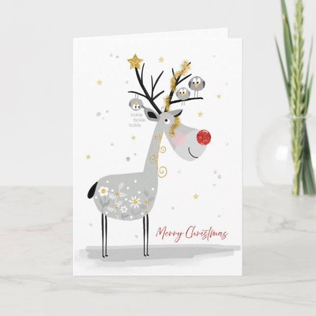Tarjeta de Navidad de Reno Feliz con Amigos Pájaro (Anverso)
