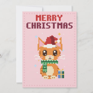 Tarjeta de Navidad de Santa Cat Pink Pixel Art