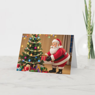 Tarjeta de Navidad de Santa Claus poniendo regalos