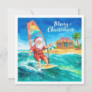 Tarjeta de Navidad de Santa en Windsurf en la Play