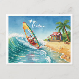 Tarjeta de Navidad de Santa en Windsurf en la Play