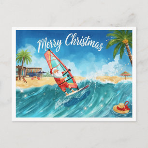 Tarjeta de Navidad de Santa en Windsurf en la Play