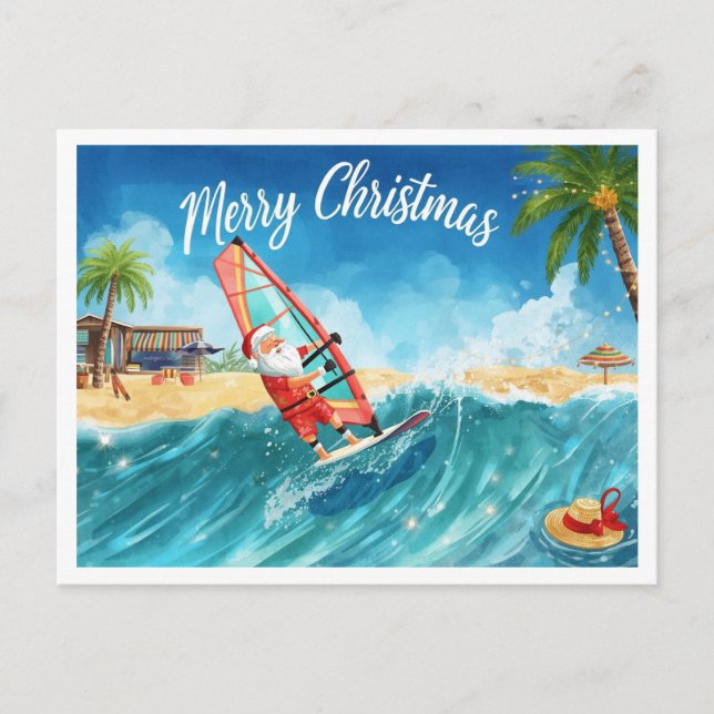 Tarjeta de Navidad de Santa en Windsurf en la Play (Anverso)