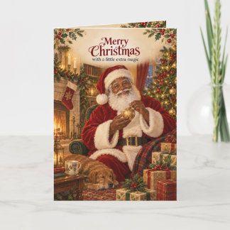 Tarjeta de Navidad de Santa Negro junto al Fuego