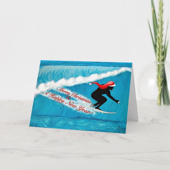 Tarjeta de Navidad de Santa que practica surf (Anverso)