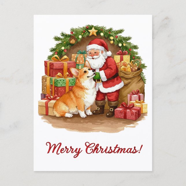 Tarjeta de Navidad de Santa y Corgi (Anverso)