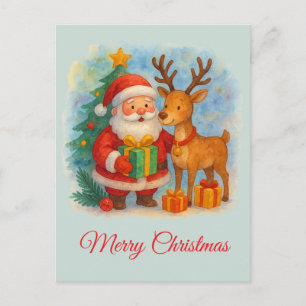 Tarjeta de Navidad de Santa y Reno acuarela