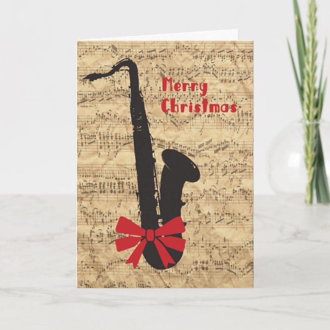 Tarjeta de Navidad de Saxofón con Hoja de Música (Anverso)