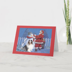 Tarjeta de Navidad de Sheltie Santa y muñeco de
