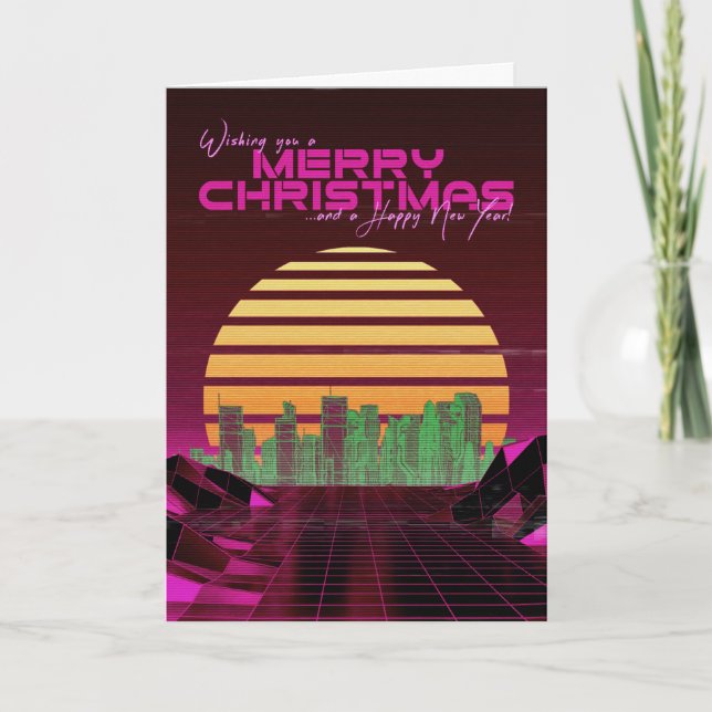 Tarjeta de Navidad de Synthwave Rosa (Anverso)