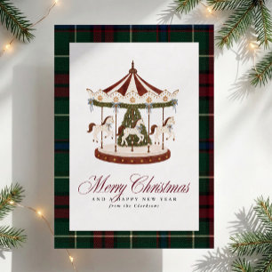 Tarjeta de Navidad de Tartán de Carrusel Antiguo