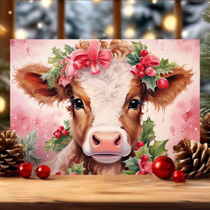 Tarjeta de Navidad de ternera con acebo en acuarel