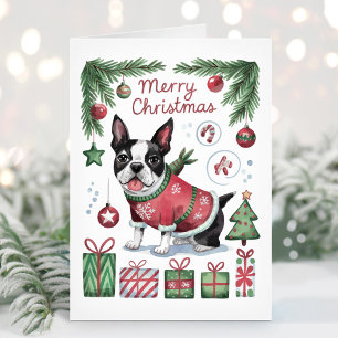 Tarjeta de Navidad de Terrier de Boston con Acuare