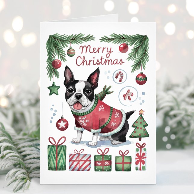 Tarjeta de Navidad de Terrier de Boston con Acuare (Subido por el creador)