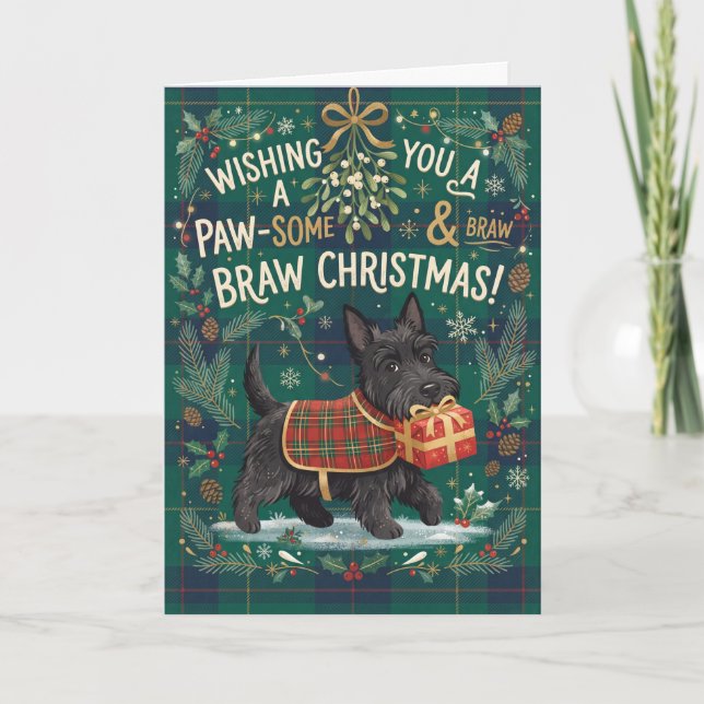 Tarjeta de Navidad de Terrier Escocés con Pata (Anverso)