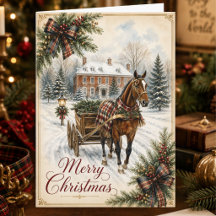 Tarjeta de Navidad de Trineo de Caballo de Tartán 