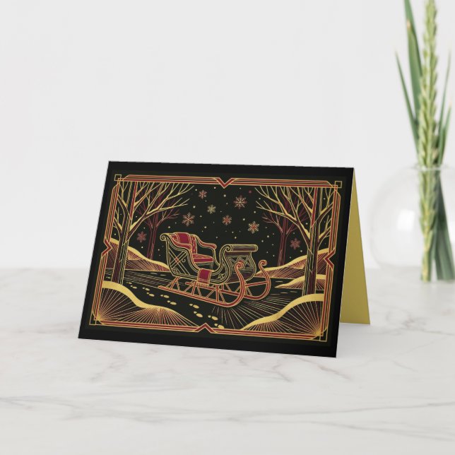 Tarjeta de Navidad de Trineo de Invierno Art Deco (Anverso)