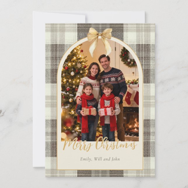 Tarjeta de Navidad de una foto con lazo de tartán  (Anverso)