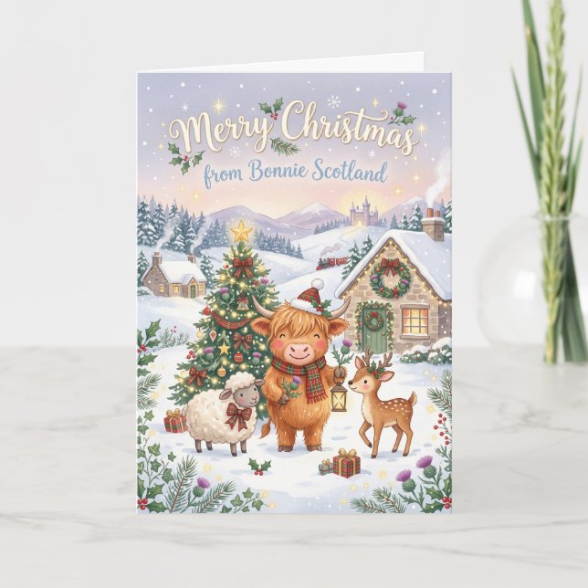 Tarjeta de Navidad de Vaca de las Tierras Altas (Anverso)